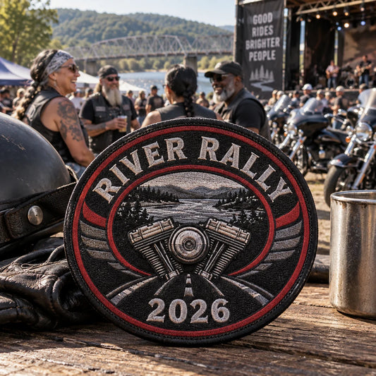 Custom motorcycle club event patches prepared for an annual rally registration table.