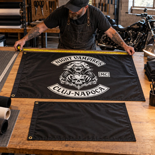 Motorcycle club members use a custom rectangular flag for flag size & format in a realistic American V-twin setting.
