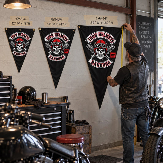 A workshop manager compares three custom triangle flag sizes for different motorcycle club display spaces.