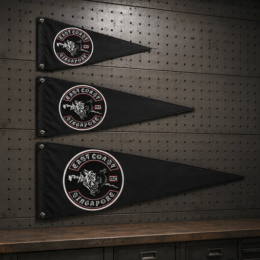 A workshop manager compares three custom triangle flag sizes for different motorcycle club display spaces.