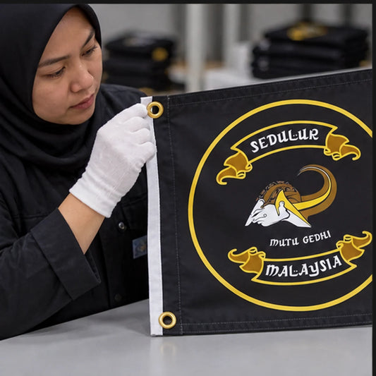 Custom club flags, banners and event gear with an authorized motorcycle club logo shown during sample approval