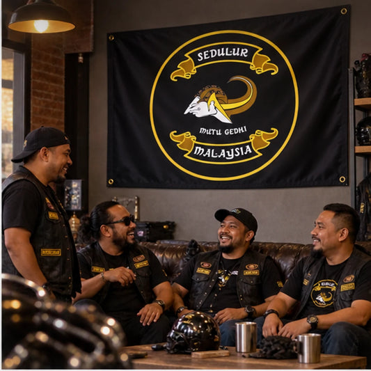 Custom club flags, banners and event gear with an authorized motorcycle club logo prepared for club members