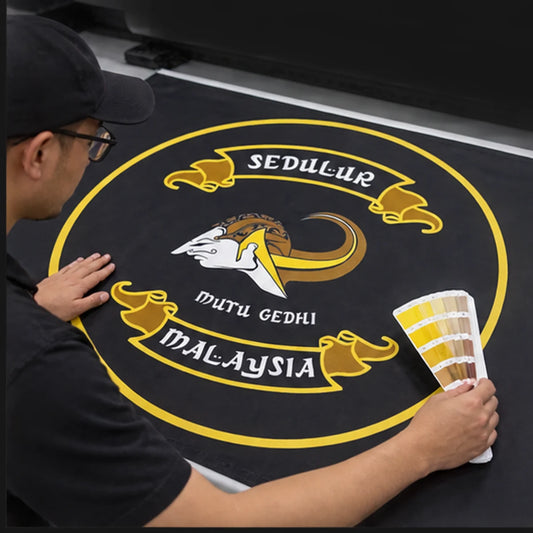 Custom club flags, banners and event gear with an authorized motorcycle club logo shown during custom design review