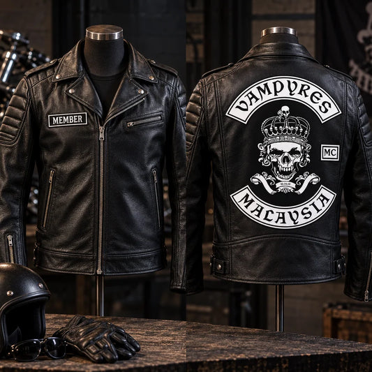 Member Name customization on a motorcycle club leather jacket.