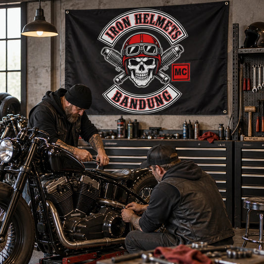 Motorcycle club members use a custom rectangular flag for custom garage & workshop flags in a realistic American V-twin setting.
