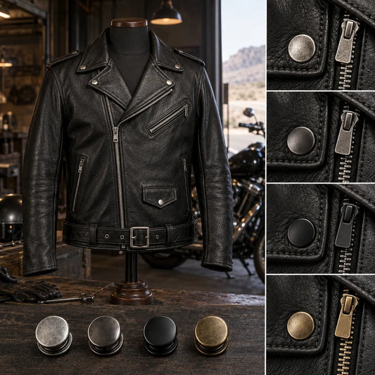 Hardware finish choices for custom motorcycle club leather jackets.