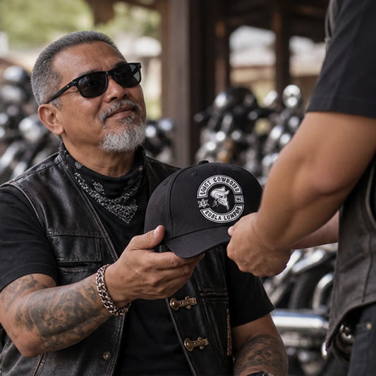 Custom club caps, beanies and rider accessories with an authorized motorcycle club logo prepared for club members