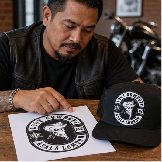 Custom club caps, beanies and rider accessories with an authorized motorcycle club logo shown while approved club artwork is submitted
