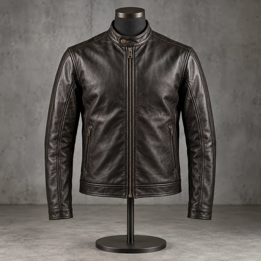 Café Racer Jacket shown as a custom motorcycle club leather jacket option.