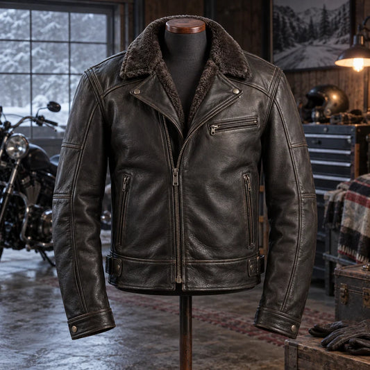 Heavyweight Cruiser Jacket shown as a custom motorcycle club leather jacket option.
