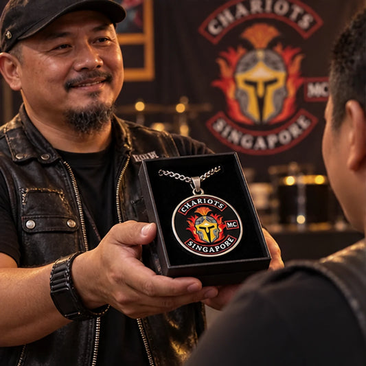 Custom club rings, pendants, buckles and metal gear with an authorized motorcycle club logo created for a club anniversary