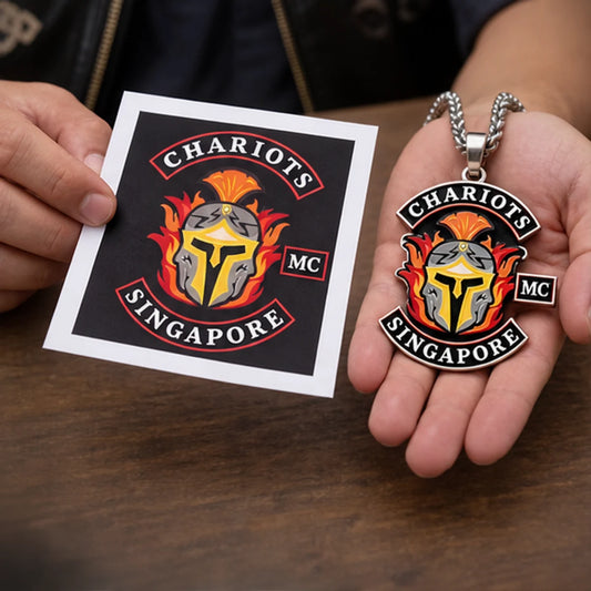 Custom club rings, pendants, buckles and metal gear with an authorized motorcycle club logo shown while approved club artwork is submitted
