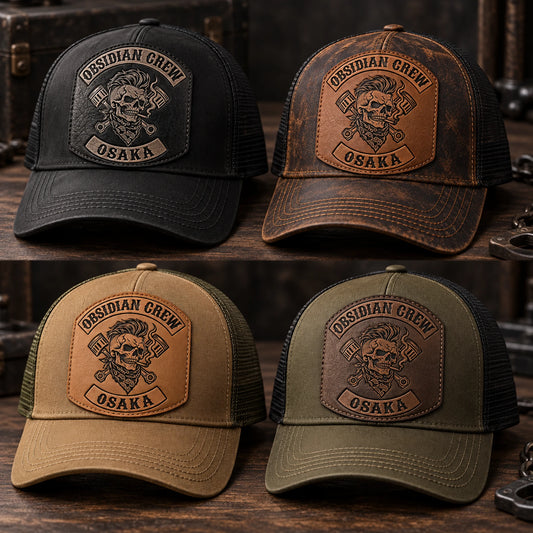 Hat, leather and patch-shape samples for a motorcycle club order.