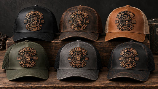 Coordinated motorcycle club leather patch hats for club and chapter editions.