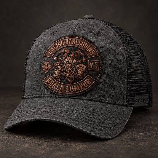 Embossed motorcycle club leather patch hat with raised logo detail.