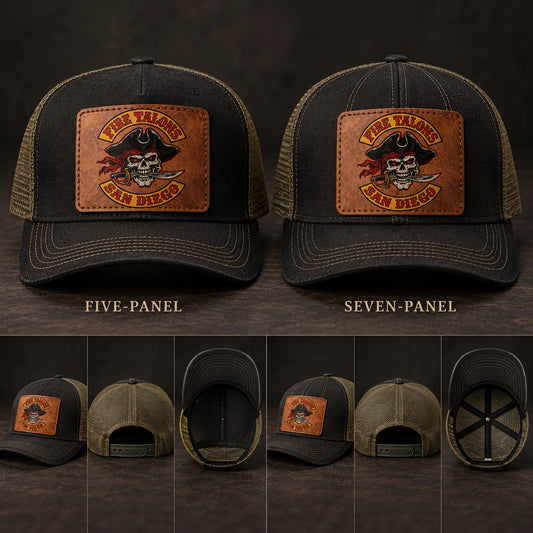 Five-panel and seven-panel motorcycle club hats with horizontal leather patches.