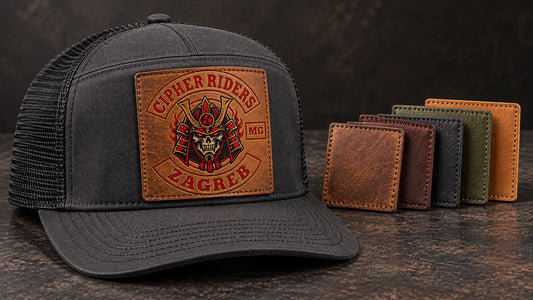 Genuine leather motorcycle club hat with natural grain and visible stitching.
