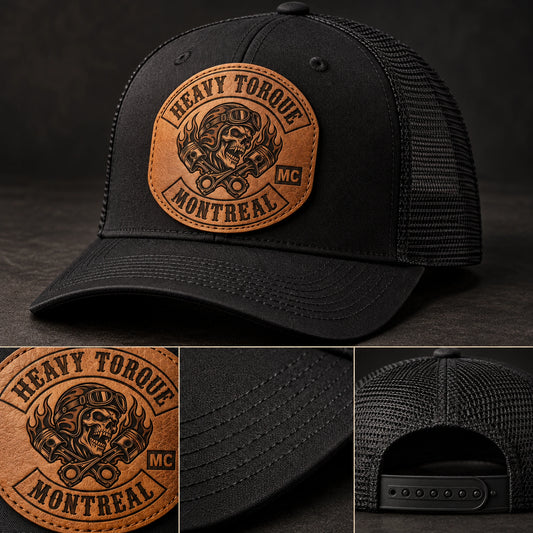 Laser-engraved leather patch hat showing crisp approved club artwork.