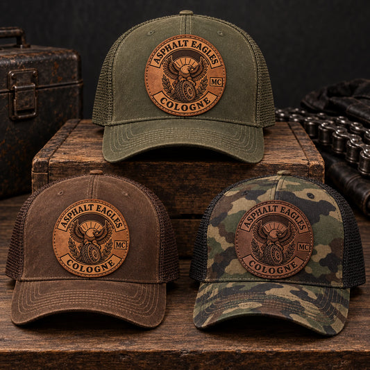 Olive, brown and camo motorcycle club leather patch hats.