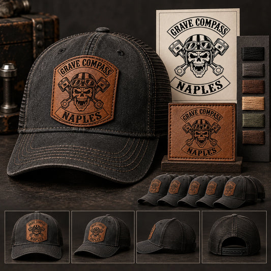 Motorcycle club leather patch hat with approved artwork proof and production samples.
