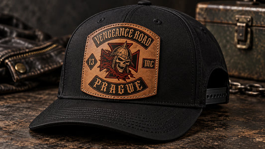 Sewn-on motorcycle club leather patch with visible border stitching.