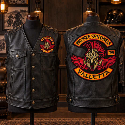 Matching custom motorcycle club leather vests showing complete front and back club-logo placement.