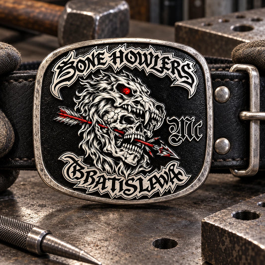 Custom motorcycle club belt buckle with raised club-logo metalwork attached to a black leather belt.