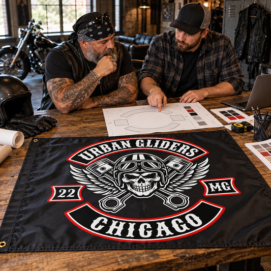 Motorcycle club members use a custom rectangular flag for custom club logo design in a realistic American V-twin setting.