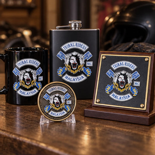 Custom club mugs, coins, plaques and clubhouse merchandise with an authorized motorcycle club logo arranged for customization planning