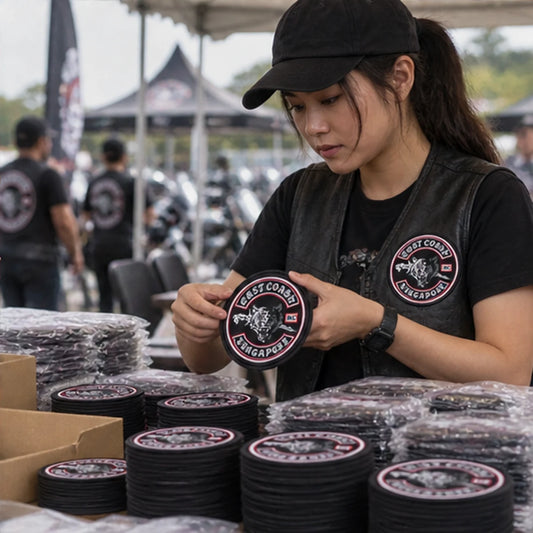 Custom club patches, rockers, pins and badges with an authorized motorcycle club logo prepared for a motorcycle club rally