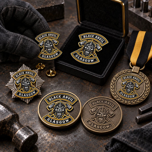 Custom motorcycle club pins, badges, challenge coins and medals displaying an approved club logo on a metalworking bench.
