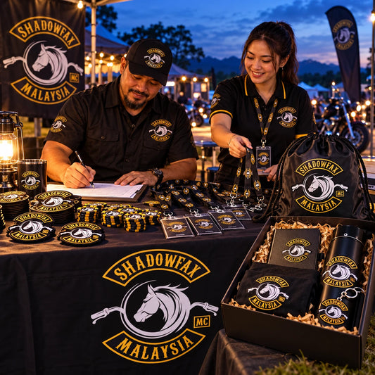 Motorcycle club rally and event gear carrying an authorized club logo at an outdoor registration table.