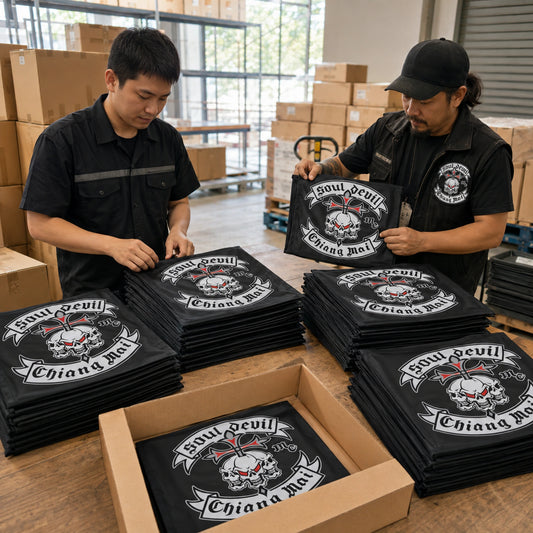 A coordinated bulk order of custom motorcycle club flags is counted and packed for chapter delivery.