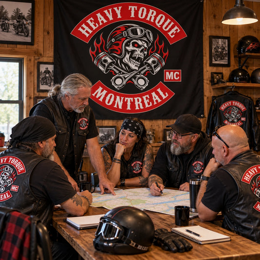 A local chapter holds a meeting beneath a custom club flag in a wood-paneled clubhouse.
