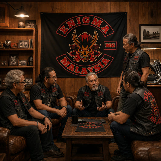 A local chapter holds a meeting beneath a custom club flag in a wood-paneled clubhouse.