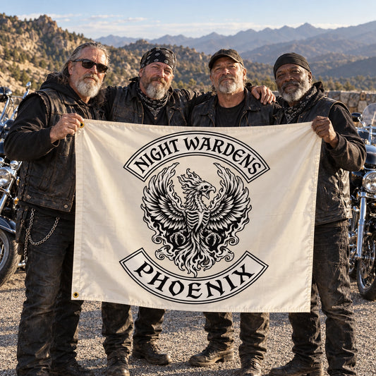 Veteran motorcycle club members hold their chapter flag together at a mountain turnout after a ride.