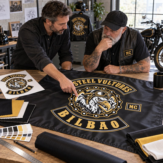 A designer and motorcycle club representative review an authorized logo proof for a custom flag.