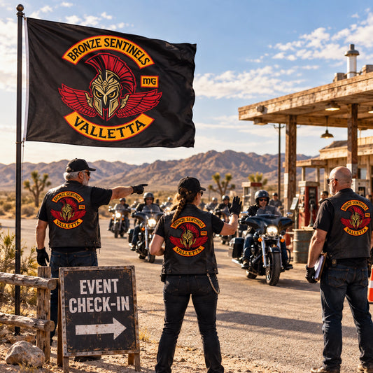 Motorcycle event marshals use a custom club flag at a desert highway rally checkpoint.