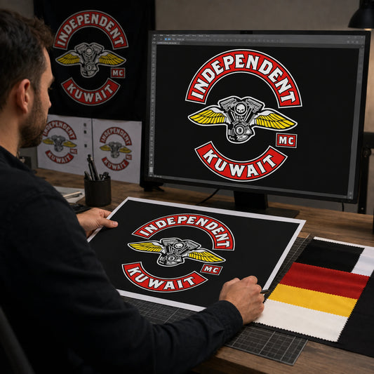 A professional designer builds a custom motorcycle club flag layout using the supplied emblem.