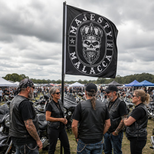 Motorcycle club riders gather around a tall custom rally flag at an outdoor V-twin event.