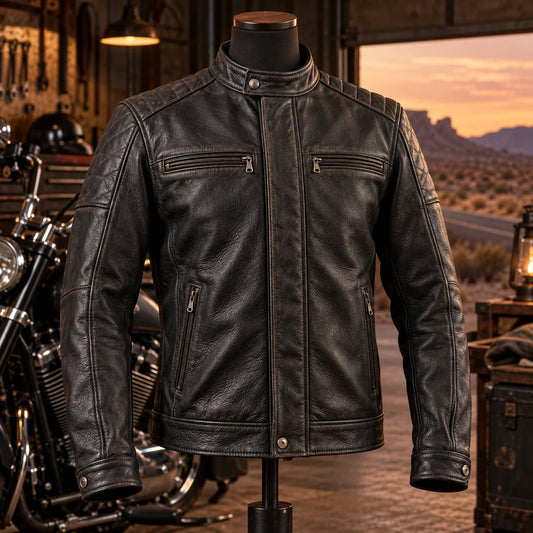 Wind-Blocking Front Closure detail on a road-oriented motorcycle club leather jacket.