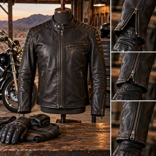 Zippered Cuffs detail on a road-oriented motorcycle club leather jacket.
