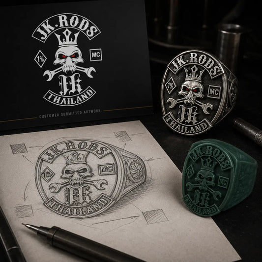 Custom motorcycle club ring design process showing submitted club logo artwork, ring sketch, wax model and finished silver biker ring.