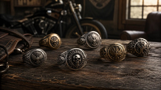 A coordinated collection of custom motorcycle club rings displayed on a weathered wooden table inside a dark vintage motorcycle clubhouse.