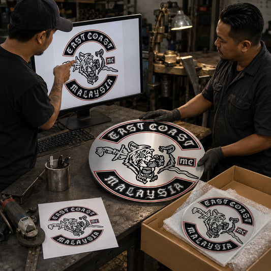 Custom motorcycle club sign design process from club logo to finished metal wall art.