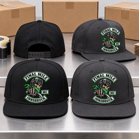Finished motorcycle club snapback hats prepared for final inspection and delivery.