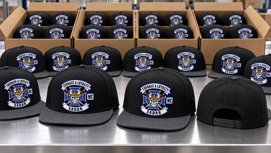 Bulk motorcycle club snapback hat order arranged for inspection and worldwide shipping.