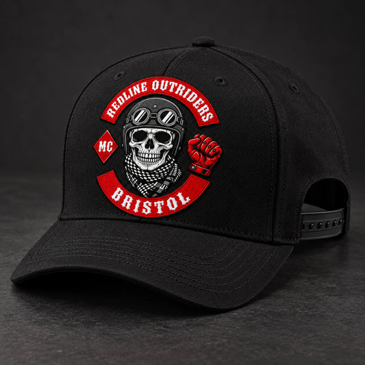 Black six-panel motorcycle club snapback hat with curved brim and approved embroidered patch.