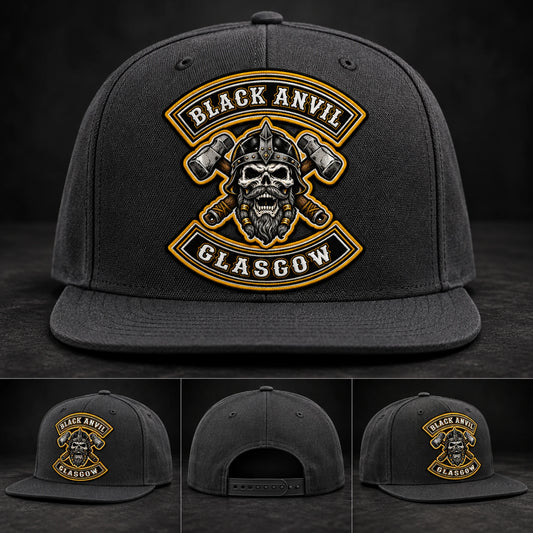 High-profile black motorcycle club snapback hat with flat brim and approved embroidery.