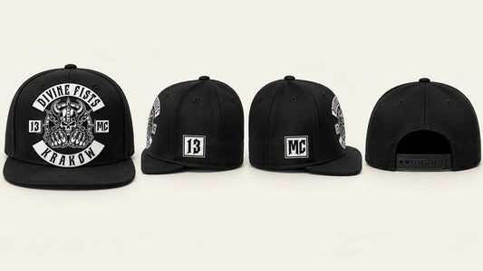 Complete motorcycle club snapback hat showing approved front, side, rear and under-visor details.